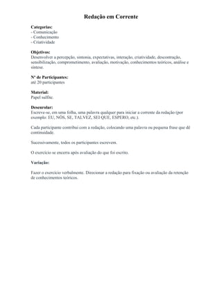Redação em Corrente
Categorias:
- Comunicação
- Conhecimento
- Criatividade
Objetivos:
Desenvolver a percepção, sintonia, expectativas, interação, criatividade, descontração,
sensibilização, comprometimento, avaliação, motivação, conhecimentos teóricos, análise e
síntese.
Nº de Participantes:
até 20 participantes
Material:
Papel sulfite.
Desenrolar:
Escreve-se, em uma folha, uma palavra qualquer para iniciar a corrente da redação (por
exemplo: EU, NÓS, SE, TALVEZ, SEI QUE, ESPERO, etc.).
Cada participante contribui com a redação, colocando uma palavra ou pequena frase que dê
continuidade.
Sucessivamente, todos os participantes escrevem.
O exercício se encerra após avaliação do que foi escrito.
Variação:
Fazer o exercício verbalmente. Direcionar a redação para fixação ou avaliação da retenção
de conhecimentos teóricos.
 