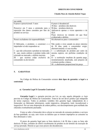 DIREITO DO CONSUMIDOR
Cláudia Mara de Almeida Rabelo Viegas
sua saúde.
O prazo é prescricional: 5 anos
Prescreve em 5 anos a pretensão para a
reposição dos danos causados por fato do
produto ou serviço.
O prazo é decadencial:
30 dias – produtos não duráveis
90 dias – produtos duráveis
Aplicam-se apenas a vícios aparentes e de
fácil.
Prazo inicia-se no instante em que ficar
evidenciado o defeito.
Possui excludentes de responsabilidade:
O fabricante, o produtor, o construtor e o
importador só não respondem se:
I – que não colocaram o produto no mercado;
II - que, muito embora o produto tenha sido
colocado no mercado, o defeito inexiste;
III - que ocorreu culpa exclusiva do
consumidor ou de terceiro
Há alternativas para o consumidor:
Não sendo o vício sanado no prazo máximo
de 30 dias, pode o consumidor exigir,
alternativamente e à sua escolha:
I - a substituição do produto por outro da
mesma espécie, em perfeitas condições de
uso;
II - a restituição imediata da quantia paga,
monetariamente atualizada, sem prejuízo de
eventuais perdas e danos;
III - o abatimento proporcional do preço
5. GARANTIAS
No Código de Defesa do Consumidor existem dois tipos de garantia: a legal e a
contratual.
a) Garantia Legal X Garantia Contratual
Garantia Legal é a garantia prevista em Lei, ou seja, aquela obrigação ex legis
prevista no Código de Defesa do Consumidor. Trata-se de um dever jurídico que independe
de termo expresso. Todos os produtos vendidos têm garantia legal, independente de o
fornecedor ou fabricante informarem, sendo imperativa, obrigatória, total, incondicional e
inegociável. Por ser uma disposição de ordem pública, seu descumprimento gera nulidade das
cláusulas eventualmente pactuadas.
Como se sabe o fornecedor deve colocar no mercado de consumo produtos e serviços
de boa qualidade, ou seja, sem vícios ou defeitos que os tornem impróprios ao consumo ou
lhes diminuam o valor.
O prazo da garantia legal para os bens duráveis é de 90 dias e para os bens não
duráveis 30 dias, contados do efetivo recebimento do produto ou do término da execução do
serviço prestado. Denota-se que esses prazos são decadenciais.
www.claudiamara.com.br 46
 