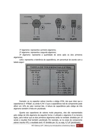 PET-Elétrica UFF | Minicurso Introdutório à Eletrônica Básica 11
1º algarismo: representa o primeiro algarismo;
2º algarismo: representa o segundo algarismo;
3º algarismo: representa a quantidade de zeros após os dois primeiros
algarismos;
Letra: representa a tolerância da capacitância, em percentual de acordo com a
tabela seguir:
Exemplo: se no capacitor estiver inscrito o código 472K, isto quer dizer que a
capacitancia é: 4700pF, ou ainda 4,7nF. E que a capacitância real do componente pode
diferir em 10% do valor nominal lido. A leitura da capacitância pelo código de três
algarismo também é feita em picofarads.
Quanto aos capacitores de valores muito pequenos, eles são representados
pelo código de três algarismo da seguinte forma: é utilizado o algarismo 9 no terceiro
digito, para indicar que os dois primeiros algarismos serão na verdade divididos por 10
sendo o resultdo final também picofarads. Por exemplo, se no corpo do componente
estiver inscrito 479, o resultado será: 47 dividido por 10, ou seja, 4,7 pF (picofarads).
 