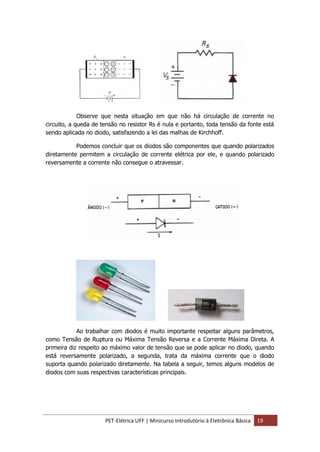 PET-Elétrica UFF | Minicurso Introdutório à Eletrônica Básica 19
Observe que nesta situação em que não há circulação de corrente no
circuito, a queda de tensão no resistor Rs é nula e portanto, toda tensão da fonte está
sendo aplicada no diodo, satisfazendo a lei das malhas de Kirchhoff.
Podemos concluir que os diodos são componentes que quando polarizados
diretamente permitem a circulação de corrente elétrica por ele, e quando polarizado
reversamente a corrente não consegue o atravessar.
Ao trabalhar com diodos é muito importante respeitar alguns parâmetros,
como Tensão de Ruptura ou Máxima Tensão Reversa e a Corrente Máxima Direta. A
primeira diz respeito ao máximo valor de tensão que se pode aplicar no diodo, quando
está reversamente polarizado, a segunda, trata da máxima corrente que o diodo
suporta quando polarizado diretamente. Na tabela a seguir, temos alguns modelos de
diodos com suas respectivas características principais.
 