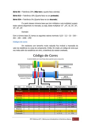 PET-Elétrica UFF | Minicurso Introdutório à Eletrônica Básica 4
Série E6 – Tolerância 20% (Não tem a quarta faixa colorida)
Série E12 – Tolerância 10% (Quarta faixa na cor prateada)
Série E24 – Tolerância 5% (Quarta faixa na cor dourada)
É a partir desses números base que (em múltiplos e sub-multiplos) surgem
todos valores disponíveis no mercado, ou seja, basta multiplicar 10-1
,100
, 10, 102
, 103
,
104
, 105
, 106
.
Exemplo:
Com o número base 22, temos os seguintes valores nominais: 0,22 – 2,2 – 22 – 220 –
2K2 – 22K – 220K – 2M2
Códigos de cores
Em resistores com tamanho muito reduzido fica inviável a impressão do
valor da resistência no corpo do componente. Então, foi criado um código de cores que
nos indica além da resistência em ohm, a tolerância do resistor analisado.
 