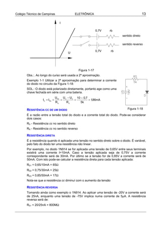 Colégio Técnico de Campinas ELETRÔNICA 13
I
U
sentido direto
sentido reverso
0,7V
0,7V
rb
rb
Figura 1-17
Obs.:. Ao longo do curso será usada a 2ª aproximação.
Exemplo 1-1 Utilizar a 2ª aproximação para determinar a corrente
do diodo no circuito da Figura 1-18:
SOL.: O diodo está polarizado diretamente, portanto age como uma
chave fechada em série com uma bateria.
I I
U
R
U U
R k
mAD RS
RS
S
S D
S
= = =
−
=
−
=
10 0 7
5
186
,
,
RESISTÊNCIA CC DE UM DIODO
É a razão entre a tensão total do diodo e a corrente total do diodo. Pode-se considerar
dois casos:
RD - Resistência cc no sentido direto
RR - Resistência cc no sentido reverso
RESISTÊNCIA DIRETA
É a resistência quando é aplicada uma tensão no sentido direto sobre o diodo. É variável,
pelo fato do diodo ter uma resistência não linear.
Por exemplo, no diodo 1N914 se for aplicada uma tensão de 0,65V entre seus terminais
existirá uma corrente I=10mA. Caso a tensão aplicada seja de 0,75V a corrente
correspondente será de 30mA. Por último se a tensão for de 0,85V a corrente será de
50mA. Com isto pode-se calcular a resistência direta para cada tensão aplicada:
RD1 = 0,65/10mA = 65Ω
RD2 = 0,75/30mA = 25Ω
RD3 = 0,85/50mA = 17Ω
Nota-se que a resistência cc diminuí com o aumento da tensão
RESISTÊNCIA REVERSA
Tomando ainda como exemplo o 1N914. Ao aplicar uma tensão de -20V a corrente será
de 25nA, enquanto uma tensão de -75V implica numa corrente de 5µA. A resistência
reversa será de:
RS1 = 20/25nA = 800MΩ
Figura 1-18
 