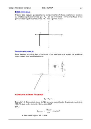 Colégio Técnico de Campinas ELETRÔNICA 27
DIODO ZENER IDEAL
O zener ideal é aquele que se comporta como uma chave fechada para tensões positivas
ou tensões negativas menores que –VZ . Ele se comportará como uma chave aberta
para tensões negativas entre zero e –VZ . Veja o gráfico abaixo
SEGUNDA APROXIMAÇÃO
Uma Segunda aproximação é considera-lo como ideal mas que a partir da tensão de
ruptura exista uma resistência interna.
CORRENTE MÁXIMA NO ZENER
ZZZ I*VP =
Exemplo 1-3: Se um diodo zener de 12V tem uma especificação de potência máxima de
400mW, qual será a corrente máxima permitida?
SOL.:
mA33,33
V12
mW400
IZMÁXIMA
==
• Este zener suporta até 33,3mA.
 