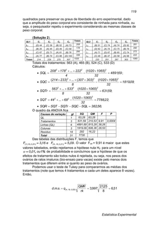 Estatística Experimental
119
quadrados para preservar os graus de liberdade do erro experimental, dado
que a amplitude do peso corporal era consistente de ninhada para ninhada, ou
seja, o pesquisador repetiu o experimento considerando as mesmas classes de
peso corporal.
(Solução 2).
QL1 C1 C2 C3 C4
Totais QL2 C1 C2 C3 C4
Totais
L1 (D) 44 (C) 39 (B) 52 (A) 73 208 L5 (B) 51 (C) 74 (A) 74 (D) 82 281
L2 (B) 26 (A) 45 (D) 49 (C) 58 178 L6 (D) 62 (A) 74 (C) 75 (B) 79 290
L3 (C) 67 (D) 71 (A) 81 (B) 76 295 L7 (A) 71 (D) 67 (B) 60 (C) 74 272
L4 (A) 77 (B) 74 (C) 88 (D) 100 339 L8 (C) 49 (B) 47 (D) 58 (A) 68 222
Totais 214 229 270 307 1020 233 251 267 303 1065
Totais dos tratamentos: 563 (A), 465 (B), 524 (C), 533 (D)
Cálculos:
 694891
32
10651020
4
222178208
SQL
2222
,
)(...




 ;
 ;,
)()(...)(
091819
32
10651020
8
303307233214
SQC
222





 ;,
)(...
59631
32
10651020
8
533563
SQTr
222





 ;,
)(
... 227788
32
10651020
6844SQT
2
22



 ;,56382SQLSQCSQTrSQTSQR 
O quadro da ANOVA fica
Causas de variação gl SQ QM F P
QL 1 63,28 63,28
Tratamentos 3 631,59 210,53 9,91 0,0004
Linhas (QL) 6 4891,69 815,28 38,26
Colunas 3 1819,09 606,36 28,53
Resíduo 18 292 16,22
Total 31 7730
Das tabelas das distribuições F, temos que
095Fe163F 010186050183 ,, ),,,(),,,(  . O valor Fctr = 9,91 é maior que estes
valores tabelados, então rejeitamos a hipótese nula H0 para um nível
%,, 1ou010 de probabilidade e concluímos que a hipótese de que os
efeitos de tratamento são todos nulos é rejeitada, ou seja, nos pesos dos
ovários de ratos imaturos (bio-ensaio para vacas) existe pelo menos dois
tratamentos que diferem entre si quanto ao peso de ovários.
Podemos usar o teste de Tukey para compararmos as médias dos
tratamentos (note que temos 4 tratamentos e cada um deles aparece 8 vezes).
Então,
51,6
8
25,21
997,3... )05,0,18,4( 
rk
QMR
qsmd
 
