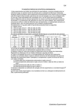 Estatística Experimental
124
7º EXERCÍCIO PRÁTICO DE ESTATÍSTICA EXPERIMENTAL
1) Nos experimentos que tratam da produção de vacas leiteiras, a enorme variação entre os
indivíduos exige um grande número de animais para a avaliação de diferenças moderadas.
Qualquer esforço de aplicar vários tratamentos sucessivamente numa mesma vaca se complica
pela diminuição do fluxo de leite, pela forma da curva de lactação e por uma correlação entre
os erros eijk. Estas dificuldades são controladas com o uso de vários pares de quadrados
latinos ortogonais onde as colunas representam as vacas e as linhas os períodos sucessivos
da lactação, e os tratamentos são aplicados as vacas nos vários estágios. Num experimento
procurou-se verificar o efeito de diferentes tipos de tratamentos, e é apresentado somente um
quadrado latino, sem nos preocuparmos com os efeitos correlacionados.
Os tratamentos (1,0 kg para cada 3,0 kg de leite produzido) foram os seguintes:
A = Ração comum
B = 75% de ração comum + 25% de rolão de milho.
C = 50% de ração comum + 50% de rolão de milho.
D = 75% de ração comum + 25% de farelo de soja.
E = 25% de ração comum + 75% de farelo de soja.
Os valores da tabela correspondem a produção de leite (kg) por um período de seis semanas.
Linhas Colunas (Vacas) Total
(Período) 1 2 3 4 5
1 B 318 E 416 A 420 C 424 D 330 1908
2 D 325 A 435 E 418 B 438 C 333 1949
3 E 342 B 441 C 395 D 418 A 380 1976
4 A 353 C 403 D 410 E 395 B 375 1936
5 C 310 D 381 B 422 A 432 E 314 1859
Total 1648 2076 2065 2107 1732 9628
a) Formule as hipóteses estatísticas para os tratamentos e monte o quadro da análise de
variância de acordo com um delineamento quadrado latino e conclua
b) Aplique o teste de Tukey para localizar as diferenças entre as médias dos tratamentos.
Represente as diferenças com as médias (média±se), seguidas de letras.
d) Teste a normalidade dos erros e a homogeneidade das variâncias dos tratamentos.
e) Defina os contrastes abaixo e teste-os através da técnica de decomposição dos graus de
liberdade dos tratamentos (teste F planejado) e complemente o quadro da anova do item b)
com estes contrastes:
c1) Existe efeito dos complementos adicionados à ração comum?;
c2) Qual complemento adicionado à ração comum é melhor: rolão de milho ou farelo de
soja?;
c3) Qual percentual de rolão de milho é melhor ?;
c4) Qual percentual de farelo de soja é melhor ?;
f) Calcular e interpretar os coeficiente de variação (CV) do experimento e o de determinação R2
do experimento.
g) Com base nestas observações e nos resultados do item a) a utilização do delineamento em
DQL é plenamente justificada?
 