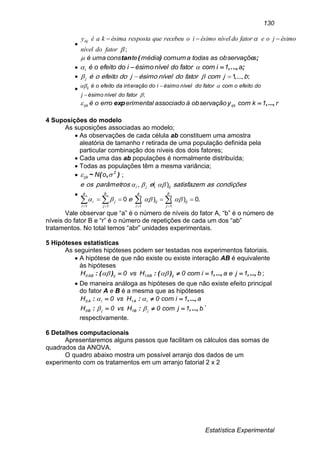 Estatística Experimental
130

;

fatordonível
ésimojoefatordonívelésimoiorecebeuquerespostaésimakaéyikj 
;)(tan sobservaçõeastodasacomummédiateconsumaé
 ;..,., a1icomfatordonívelésimoidoefeitooéi  
 ;...,,1 bjcomfatordonívelésimojdoefeitooéj  

;
int


fatordonívelésimoj
doefeitoocomfatordonívelésimoidoeraçãodaefeitooéij


r1kcomyobservaçãoàassociadoerimentalerrooé ijkijk ...,,exp 
4 Suposições do modelo
As suposições associadas ao modelo;
 As observações de cada célula ab constituem uma amostra
aleatória de tamanho r retirada de uma população definida pela
particular combinação dos níveis dos dois fatores;
 Cada uma das ab populações é normalmente distribuída;
 Todas as populações têm a mesma variância;
 ),(~ 2
ijk oN  ;

.0)()(0
)(,
1111
  
b
j
ij
a
i
ij
b
j
j
a
i
i
ijji
e
condiçõesassatisfazemeparâmetrosose


Vale observar que “a” é o número de níveis do fator A, “b” é o número de
níveis do fator B e “r” é o número de repetições de cada um dos “ab”
tratamentos. No total temos “abr” unidades experimentais.
5 Hipóteses estatísticas
As seguintes hipóteses podem ser testadas nos experimentos fatoriais.
 A hipótese de que não existe ou existe interação AB é equivalente
às hipóteses
b1jea1icom0Hvs0H ijAB1ijAB0 ...,,...,,)(:)(:   ;
 De maneira análoga as hipóteses de que não existe efeito principal
do fator A e B é a mesma que as hipóteses
b1jcom0Hvs0H
a1icom0Hvs0H
jB1jB0
iA1iA0
...,,::
...,,::




,
respectivamente.
6 Detalhes computacionais
Apresentaremos alguns passos que facilitam os cálculos das somas de
quadrados da ANOVA.
O quadro abaixo mostra um possível arranjo dos dados de um
experimento com os tratamentos em um arranjo fatorial 2 x 2
 