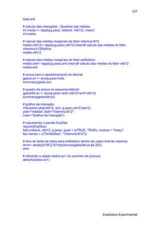 Estatística Experimental
137
total.anti
# calculo das interações - Quadros das médias
int.media <- tapply(g.peso, list(anti, vitb12), mean)
int.media
# calculo das médias marginais do fator vitamina B12
media.vitb12<- tapply(g.peso,vitb12,mean)# calculo das médias do fator
vitamina b12ibiótico
media.vitb12
# calculo das médias marginais do fator antibiótico
media.anti<- tapply(g.peso,anti,mean)# calculo das médias do fator vitb12
media.anti
# anova sem o desdobramento do fatorial
gpeso.av <- aov(g.peso~trat)
summary(gpeso.av)
# quadro da anova no esquema fatorial
gpesofat.av <- aov(g.peso~anti+vitb12+anti*vitb12)
summary(gpesofat.av)
# gráfico da interação
interaction.plot(vitb12, anti, g.peso,col=2,lwd=2,
ylab="médias",xlab="Vitamina B12",
main="Gráfico da Interação")
# requerendo o pacote ExpDes
require(ExpDes)
fat2.crd(anti, vitb12, g.peso, quali = c(TRUE, TRUE), mcomp = "tukey",
fac.names = c("Antibiótico", "Vitamina B12"))
# dms do teste de tukey para antibiótico dentro de cada nível da vitamina
dms<- qtukey(0.95,2,8)*sqrt(anova(gpesofat.av)[4,3]/3)
dms
# retirando o objeto dados.ex1 do caminho de procura
detach(dados.ex1)
 