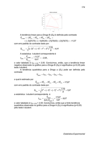 Estatística Experimental
174
A tendência linear para a Droga B (DB) é definida pelo contraste
371175793637810084175813
Y3Y1Y1Y3Y 24232221Linear
,),)((),)((),)((),)((
ˆ

 
com erro padrão do contraste dado por:
414
8
787
3113S 2222
YLinear
,
,
))()((ˆ 
A estatística t-student correspondente é
582
414
3711
S
Y
t
LinearY
Linear
Calc ,
,
,ˆ
ˆ
. 

 ,
o valor tabelado é t(63; 0,05) = 2,00. Concluímos, então, que a tendência linear
negativa observada no gráfico para a Droga B (DB) é significativa (p<0,05) pelo
teste t-student.
A tendência quadrática para a Droga a (DA) pode ser definida pelo
contraste
14131211Quad 1111Y  .
o qual é estimado por
8717Y1Y1Y1Y1Y 14131211Quad ,ˆ  
com erro padrão do contraste dada por:
971
8
787
1111S 2222
Yuad
,
,
))()((.

a estatística t-student correspondente é
079
971
8717
YES
Y
t
Quad
Quad
Calc ,
,
,
)ˆ.(.
ˆ
.
. 
o valor tabelado é t(63; 0,05) = 2,00. Concluímos, então que a forte tendência
quadrática observada no gráfico para a Droga A (DA) é significativa (p<0,05)
pelo teste t-student.
 