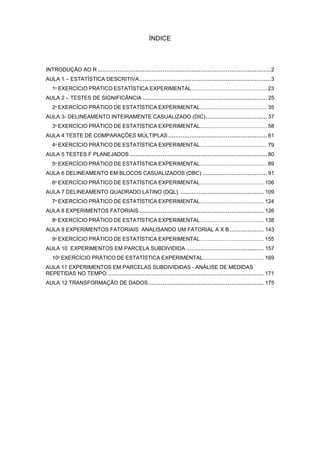 ÍNDICE
INTRODUÇÃO AO R ................................................................................................2
AULA 1 – ESTATÍSTICA DESCRITIVA.........................................................................3
1º EXERCÍCIO PRÁTICO ESTATÍSTICA EXPERIMENTAL................................................... 23
AULA 2 – TESTES DE SIGNIFICÂNCIA .....................................................................25
2º EXERCÍCIO PRÁTICO DE ESTATÍSTICA EXPERIMENTAL............................................. 35
AULA 3- DELINEAMENTO INTEIRAMENTE CASUALIZADO (DIC)..................................37
3º EXERCÍCIO PRÁTICO DE ESTATÍSTICA EXPERIMENTAL............................................. 58
AULA 4 TESTE DE COMPARAÇÕES MÚLTIPLAS.......................................................61
4º EXERCÍCIO PRÁTICO DE ESTATÍSTICA EXPERIMENTAL............................................. 79
AULA 5 TESTES F PLANEJADOS ............................................................................80
5º EXERCÍCIO PRÁTICO DE ESTATÍSTICA EXPERIMENTAL............................................. 89
AULA 6 DELINEAMENTO EM BLOCOS CASUALIZADOS (DBC) ....................................91
6º EXERCÍCIO PRÁTICO DE ESTATÍSTICA EXPERIMENTAL........................................... 106
AULA 7 DELINEAMENTO QUADRADO LATINO (DQL). .............................................. 109
7º EXERCÍCIO PRÁTICO DE ESTATÍSTICA EXPERIMENTAL........................................... 124
AULA 8 EXPERIMENTOS FATORIAIS..................................................................... 126
8º EXERCÍCIO PRÁTICO DE ESTATÍSTICA EXPERIMENTAL........................................... 138
AULA 9 EXPERIMENTOS FATORIAIS: ANALISANDO UM FATORIAL A X B................... 143
9º EXERCÍCIO PRÁTICO DE ESTATÍSTICA EXPERIMENTAL........................................... 155
AULA 10 EXPERIMENTOS EM PARCELA SUBDIVIDIDA ........................................... 157
10º EXERCÍCIO PRÁTICO DE ESTATÍSTICA EXPERIMENTAL......................................... 169
AULA 11 EXPERIMENTOS EM PARCELAS SUBDIVIDIDAS - ANÁLISE DE MEDIDAS
REPETIDAS NO TEMPO....................................................................................... 171
AULA 12 TRANSFORMAÇÃO DE DADOS................................................................ 175
 