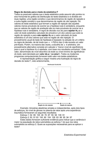 Estatística Experimental
28
Regra de decisão para o teste da estatística F
Todos os possíveis valores que o teste estatístico pode assumir são pontos no
eixo horizontal do gráfico da distribuição do teste estatístico e é dividido em
duas regiões; uma região constitui o que denominamos de região de rejeição e
a outra região constitui o que denominamos de região de não rejeição. Os
valores do teste estatístico que formam a região de rejeição são aqueles
valores menos prováveis de ocorrer se a hipótese nula é verdadeira, enquanto
que os valores da região de aceitação são os mais prováveis de ocorrer se a
hipótese nula é verdadeira. A regra de decisão nos diz para rejeitar H0 se o
valor do teste estatístico calculado da amostra é um dos valores que está na
região de rejeição e para não rejeitar H0 se o valor calculado do teste
estatístico é um dos valores que está na região de não rejeição. O
procedimento usual de teste de hipóteses é baseado na adoção de um critério
ou regra de decisão, de tal modo que  = P(Erro tipo I) não exceda um valor
pré-fixado. Porém, na maioria das vezes, a escolha de  é arbitrária. Um
procedimento alternativo consiste em calcular o “menor nível de significância
para o qual a hipótese H0 é rejeitada, com base nos resultados amostrais”. Este
valor, denominado de nível descritivo do teste ou nível mínimo de significância
do teste, será denotado por valor de p ( “p-value”). Todos os modernos
programas computacionais fornecem este valor nos testes estatísticos.
A representação gráfica a seguir mostra uma ilustração da regra de
decisão do teste F, visto anteriormente,
Exemplo: Amostras aleatórias simples e independentes, após dois tipos
de esforços, do nível de glicose no plasma de ratos após uma experiência
traumática forneceram os seguintes resultados:
Esforço 1: 54 99 105 46 70 87 55 58 139 91
Esforço 2: 93 91 93 150 80 104 128 83 88 95 94 97
Estes dados fornecem suficiente evidência para indicar que a variância é
maior na população de ratos submetidos ao esforço 1 do que nos ratos
submetidos ao esforço 2. Quais as suposições necessárias para se aplicar o
teste?
0 1 2 3 4
0.00.10.20.30.40.50.60.7
Distribuição F(4,40,0.05)
Probabilidade
Região de não rejeição Região de rejeição
2,61
95% 5%
 