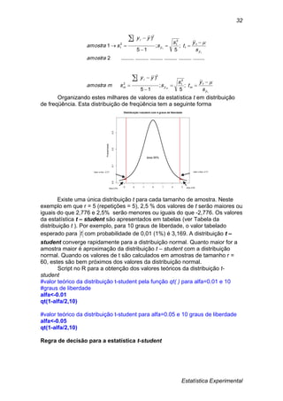 Estatística Experimental
32
1
1
1
1
2
1
2
2
1
1
2
1
2
2
1
;
5
;
15
)(
...........................................................2
;
5
;
15
)(
1
y
my
i
m
y
y
i
s
y
t
s
s
yy
smamostra
amostra
s
y
t
s
s
yy
samostra
m














Organizando estes milhares de valores da estatística t em distribuição
de freqüência. Esta distribuição de freqüência tem a seguinte forma
Existe uma única distribuição t para cada tamanho de amostra. Neste
exemplo em que r = 5 (repetições = 5), 2,5 % dos valores de t serão maiores ou
iguais do que 2,776 e 2,5% serão menores ou iguais do que -2,776. Os valores
da estatística t – student são apresentados em tabelas (ver Tabela da
distribuição t ). Por exemplo, para 10 graus de liberdade, o valor tabelado
esperado para t com probabilidade de 0,01 (1%) é 3,169. A distribuição t –
student converge rapidamente para a distribuição normal. Quanto maior for a
amostra maior é aproximação da distribuição t – student com a distribuição
normal. Quando os valores de t são calculados em amostras de tamanho r =
60, estes são bem próximos dos valores da distribuição normal.
Script no R para a obtenção dos valores teóricos da distribuição t-
student
#valor teórico da distribuição t-student pela função qt( ) para alfa=0.01 e 10
#graus de liberdade
alfa<-0.01
qt(1-alfa/2,10)
#valor teórico da distribuição t-student para alfa=0.05 e 10 graus de liberdade
alfa<-0.05
qt(1-alfa/2,10)
Regra de decisão para a estatística t-student
-3 -2 -1 0 1 2 3
0.00.10.20.3 Distribuição t-student com 4 graus de liberdade
Probabilidade
Valor cr’tico: -2,77 Valor crítico: 2,77
área 95%
área 2,5% área 2,5%
 