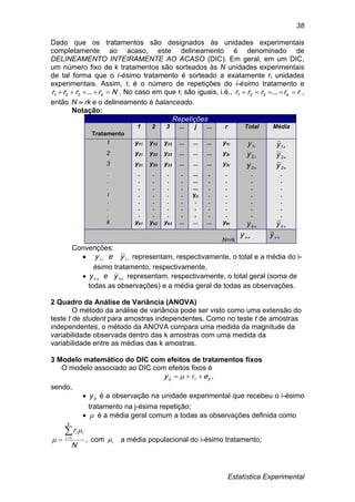Estatística Experimental
38
Dado que os tratamentos são designados às unidades experimentais
completamente ao acaso, este delineamento é denominado de
DELINEAMENTO INTEIRAMENTE AO ACASO (DIC). Em geral, em um DIC,
um número fixo de k tratamentos são sorteados às N unidades experimentais
de tal forma que o i-ésimo tratamento é sorteado a exatamente ri unidades
experimentais. Assim, ri é o número de repetições do i-ésimo tratamento e
Nrrrr k  ...321 . No caso em que ri são iguais, i.é., rrrrr k  ...321 ,
então rkN  e o delineamento é balanceado.
Notação:
Repetições
Tratamento
1 2 3 ... j ... r Total Média
1 y11 y12 y13 ... ... ... y1r
1y 1y
2 y21 y22 y23 ... ... ... y2r
2y 2y
3 y31 y32 y33 ... ... ... y3r
2y 2y
.
.
.
i
.
.
.
.
.
.
.
.
.
.
.
.
.
.
.
.
.
.
.
.
.
.
.
.
.
.
.
.
.
.
.
...
...
...
yij
.
.
.
.
.
.
.
.
.
.
.
.
.
.
.
.
.
.
.
.
.
.
.
.
.
.
.
.
.
.
.
k yk1 yk2 yk3 ... ... ... ykr
ky ky
N=rk
y y
Convenções:
  ii yey representam, respectivamente, o total e a média do i-
ésimo tratamento, respectivamente,
  yey representam, respectivamente, o total geral (soma de
todas as observações) e a média geral de todas as observações.
2 Quadro da Análise de Variância (ANOVA)
O método da análise de variância pode ser visto como uma extensão do
teste t de student para amostras independentes. Como no teste t de amostras
independentes, o método da ANOVA compara uma medida da magnitude da
variabilidade observada dentro das k amostras com uma medida da
variabilidade entre as médias das k amostras.
3 Modelo matemático do DIC com efeitos de tratamentos fixos
O modelo associado ao DIC com efeitos fixos é
ijiij ey   ,
sendo,
 ijy é a observação na unidade experimental que recebeu o i-ésimo
tratamento na j-ésima repetição;
  é a média geral comum a todas as observações definida como
,1
N
r
k
i
ii


 com i a média populacional do i-ésimo tratamento;
 
