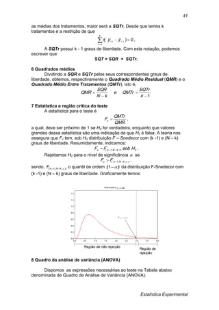 Estatística Experimental
41
as médias dos tratamentos, maior será a SQTr. Desde que temos k
tratamentos e a restrição de que
0)(
1
 

 yyr i
k
i
i ,
A SQTr possui k - 1 graus de liberdade. Com esta notação, podemos
escrever que:
SQT = SQR + SQTr.
6 Quadrados médios
Dividindo a SQR e SQTr pelos seus correspondentes graus de
liberdade, obtemos, respectivamente o Quadrado Médio Residual (QMR) e o
Quadrado Médio Entre Tratamentos (QMTr), isto é,
1



k
SQTr
QMTre
kN
SQR
QMR
7 Estatística e região crítica do teste
A estatística para o teste é
QMR
QMTr
Fc  ,
a qual, deve ser próximo de 1 se H0 for verdadeira, enquanto que valores
grandes dessa estatística são uma indicação de que H0 é falsa. A teoria nos
assegura que Fc tem, sob H0 distribuição F – Snedecor com (k -1) e (N – k)
graus de liberdade. Resumidamente, indicamos:
0),1( ,~ HsobFF KNkc  .
Rejeitamos H0 para o nível de significância  se
,),,1( KNkc FF 
sendo, ),,( KN1kF  o quantil de ordem )( 1 da distribuição F-Snedecor com
(k -1) e (N – k) graus de liberdade. Graficamente temos:
8 Quadro da análise de variância (ANOVA)
Dispomos as expressões necessárias ao teste na Tabela abaixo
denominada de Quadro de Análise de Variância (ANOVA).
 