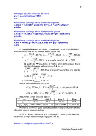 Estatística Experimental
51
# obtenção da QMR no quadro da anova
qmr <- anova(insulina.av)[2,3]
qmr
# intervalo de confiança para o nível baixo de glicose
ic.baixo <- m.trat[1] + qt(c(0.025, 0.975), df = glr) * sqrt(qmr/r)
ic.baixo
# intervalo de confiança para o nível médio de glicose
ic.medio <- m.trat[2] + qt(c(0.025, 0.975), df = glr) * sqrt(qmr/r)
ic.medio
# intervalo de confiança para o nível baixo de glicose
ic.alto <- m.trat[3] + qt(c(0.025, 0.975), df = glr) * sqrt(qmr/r)
ic.alto
Como segundo exemplo, vamos considerar os dados do experimento
apresentado no item 11. As médias destes dados são:

13,7924,86
5
2,431
y
;35,100
4
4,401
y;30,69
5
50,346
y;76,60
5
303,8
4
321




yégeralmédiaaee
y
 do quadro da ANOVA temos o valor do QMR para calcular desvio
padrão médio para os tratamentos 1, 2 e 4 é
31,1
5
557,8

ir
QMR
. Para o terceiro tratamento o erro padrão
médio é 46,1
4
557,8

ir
QMR
 o valor de 13142t 150250 ,);,(  .
Assim, os intervalos são dados por:
3,46,1
4
557,8
1314,2%)95;(
4,2,1,31,1
5
557,8
1314,2%)95;(




iparayyICe
eiparayyIC
iii
iii


Resumindo temos o quadro abaixo
Dieta 1 Dieta 2 Dieta 3 Dieta 4
iy 60,76 69,30 100,35 86,24
%),( 95IC i (58,02; 63,48) (66,56; 72,04) (97,29; 103,41) (83,50; 88,98)
Problema: identificar quais as Dietas (tratamentos) que tiveram efeitos
não nulos sobre o peso dos suínos.
Script no R para calcular os IC´s do exemplo 2. Antes porém execute
novamente o script do R descritos na página 40 e 42.
# definindo os objetos para o cálculo dos IC´s
 