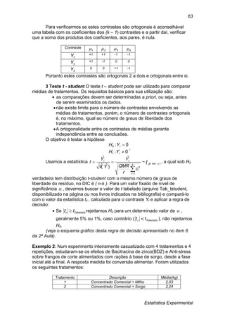 Estatística Experimental
63
Para verificarmos se estes contrastes são ortogonais é aconselhável
uma tabela com os coeficientes dos (k – 1) contrastes e a partir daí, verificar
que a soma dos produtos dos coeficientes, aos pares, é nula.
Contraste
1 2 3 4
1Y +1 +1 -1 -1
2Y +1 -1 0 0
3Y 0 0 +1 -1
Portanto estes contrastes são ortogonais 2 a dois e ortogonais entre si.
3 Teste t - student O teste t – student pode ser utilizado para comparar
médias de tratamentos. Os requisitos básicos para sua utilização são:
 as comparações devem ser determinadas a priori, ou seja, antes
de serem examinados os dados.
não existe limite para o número de contrastes envolvendo as
médias de tratamentos, porém, o número de contrastes ortogonais
é, no máximo, igual ao número de graus de liberdade dos
tratamentos.
A ortogonalidade entre os contrastes de médias garante
independência entre as conclusões.
O objetivo é testar a hipótese
0:
0:
1
0


i
i
YH
YH
,
Usamos a estatística ),(
1
2
~
ˆ
)ˆ(ˆ
ˆ
resglk
i
i
ii
t
c
r
QMR
Y
YV
Y
t

 , a qual sob H0
verdadeira tem distribuição t-student com o mesmo número de graus de
liberdade do resíduo, no DIC é ( n-k ). Para um valor fixado de nível de
significância  , devemos buscar o valor de t tabelado (arquivo Tab_tstudent,
disponibilizado na página ou nos livros indicados na bibliografia) e compará-lo
com o valor da estatística tc , calculada para o contraste Yi e aplicar a regra de
decisão:
 Se Tabeladoc tt  rejeitamos H0 para um determinado valor de  ,
geralmente 5% ou 1%, caso contrário ( Tabeladoc tt  ), não rejeitamos
H0.
(veja o esquema gráfico desta regra de decisão apresentado no item 6
da 2ª Aula).
Exemplo 2: Num experimento inteiramente casualizado com 4 tratamentos e 4
repetições, estudaram-se os efeitos de Bacitracina de zinco(BDZ) e Anti-stress
sobre frangos de corte alimentados com rações à base de sorgo, desde a fase
inicial até a final. A resposta medida foi conversão alimentar. Foram utilizados
os seguintes tratamentos:
Tratamento Descrição Média(kg)
1 Concentrado Comercial + Milho 2,03
2 Concentrado Comercial + Sorgo 2,24
 