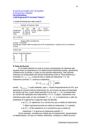 Estatística Experimental
71
# usando ao função crd( ) do ExpDes
# requerendo o ExpDes
library(ExpDes)
crd(trat,gp,quali=T,mcomp="tukey")
a saída fornecida por este script é:
------------------------------------------------------------------------
Analysis of Variance Table
------------------------------------------------------------------------
DF SS MS Fc Pr>Fc
Treatament 3 823.75 274.58 3.9939 0.026711
Residuals 16 1100.00 68.75
Total 19 1923.75
------------------------------------------------------------------------
CV = 27.87 %
------------------------------------------------------------------------
Shapiro-Wilk normality test
p-value: 0.2270063
According to Shapiro-Wilk normality test at 5% of significance, residuals can be considered
normal.
------------------------------------------------------------------------
Tukey's test
------------------------------------------------------------------------
Groups Treatments Means
a B 39
ab C 32
ab A 26
b D 22
------------------------------------------------------------------------
6 Teste de Dunnet
É um teste utilizado no qual as únicas comparações de interesse são
aquelas entre os tratamentos e um determinado tratamento padrão, geralmente
a testemunha (controle), e cada um dos demais tratamentos, não havendo
interesse na comparação dos demais tratamentos entre si. Para testarmos o
contraste ci0H  : , o qual envolve a média do tratamento “i” e do
tratamento controle “c”, usamos a estatística:
QMR
rr
dD
ci
resglk )
11
(),,(   ,
sendo: “ ),,( resglkd ” o valor tabelado para  fixado freqüentemente em 5%, que
depende do número total de tratamentos (k), do número de graus de liberdade
do resíduo (gl res), o qual neste exemplo é (n-k) e de  ; ri e rc correspondem
ao número de repetições dos tratamentos “i” e “c”. A seguir, calculamos uma
estimativa para cada um dos contrastes cii yyY ˆ e comparamos o valor da
estatística D' e aplicamos a seguinte regra de decisão:
 se DYi ˆ rejeitamos H0 e concluímos que a média do tratamento
“i” difere significativamente da média do tratamento “c” o padrão;
 se DYi ˆ não rejeitamos H0 e concluímos que a média do
tratamento “i” é igual ao do tratamento padrão “c”.
Como exemplo, considere as médias de um experimento, apresentados
na tabela abaixo, em que um médico veterinário, comparou o efeito de cinco
 