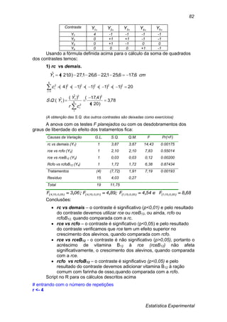 Estatística Experimental
82
Contraste
1Y 2Y 3Y 4Y 5Y
Y1 4 -1 -1 -1 -1
Y2 0 +1 +1 -1 -1
Y3 0 +1 -1 0 0
Y4 0 0 0 +1 -1
Usando a fórmula definida acima para o cálculo da soma de quadrados
dos contrastes temos:
1) rc vs demais.
cmY 6,176,251,226,261,27)0,21(4ˆ
1 
78,3
)20(4
)4,17()ˆ(
)ˆ.(.
20)1()1()1()1()4(
2
5
1
2
2
1
1
22222
5
1
2






i
i
i
cr
Y
YQS
c
(A obtenção das S.Q. dos outros contrastes são deixadas como exercícios)
A anova com os testes F planejados ou com os desdobramentos dos
graus de liberdade do efeito dos tratamentos fica:
Causas da Variação G.L. S.Q. Q.M. F Pr(>F)
rc vs demais (Y1) 1 3,87 3,87 14,43 0.00175
rce vs rcfo (Y2) 1 2,10 2,10 7,83 0.55014
rce vs rceB12 (Y3) 1 0,03 0,03 0,12 0.00200
Rcfo vs rcfoB12 (Y4) 1 1,72 1,72 6,38 0.87434
Tratamentos (4) (7,72) 1,91 7,19 0.00193
Resíduo 15 4,03 0,27
Total 19 11,75
688Fe544F894F063F 050151050151010154050154 ,,;,;, ),;,(),;,(),;,(),;,( 
Conclusões:
 rc vs demais – o contraste é significativo (p<0,01) e pelo resultado
do contraste devemos utilizar rce ou rceB12, ou ainda, rcfo ou
rcfoB12, quando comparada com a rc.
 rce vs rcfo – o contraste é significativo (p<0,05) e pelo resultado
do contraste verificamos que rce tem um efeito superior no
crescimento dos alevinos, quando comparada com rcfo.
 rce vs rceB12 - o contraste é não significativo (p>0,05), portanto o
acréscimo de vitamina B12 à rce (rceB12) não afeta
significativamente, o crescimento dos alevinos, quando comparada
com a rce.
 rcfo vs rcfoB12 – o contraste é significativo (p<0,05) e pelo
resultado do contraste devemos adicionar vitamina B12 à ração
comum com farinha de osso,quando comparada com a rcfo.
Script no R para os cálculos descritos acima
# entrando com o número de repetições
r <- 4
 