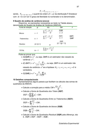 Estatística Experimental
97
)),1)(1(,1(  rkkc FF ,
sendo, )),)((,( 1r1k1kF  o quantil de ordem )( 1 da distribuição F-Snedecor
com (k -1) e (k-1)(r-1) graus de liberdade no numerador e no denominador.
9 Quadro de análise de variância (anova)
Dispomos as expressões necessárias ao teste na Tabela abaixo,
denominada de Quadro de Análise de Variância (ANOVA).
Fonte de variação gl SQ QM F
Blocos r – 1 kr
Y
k
Yr
j
j
2
1
2
)( 


 1r
SQB

Tratamentos k - 1 kr
Y
r
Yk
i
i
2
1
2
)( 


 1k
SQTr
 QMR
QMTr
Resíduo (k-1)(r-1)

))(( 1r1k
SQR

TOTAL kr – 1
 


k
i
r
J
ij
kr
Y
Y
1 1
2
2 )(
Pode-se provar que:
 2
QMRE )( , ou seja, QMR é um estimador não viesado da
variância 2
 ;
 

k
i
i
k
r
QMTrE
1
2
)1(
)(  , ou seja, QMTr é um estimador não
viesado da variância 2
 se a hipótese 0H k210   ...: é
verdadeira.
 

r
1j
j
2
1r
k
QMBE 
)(
)(
10 Detalhes computacionais
Apresentaremos alguns passos que facilitam os cálculos das somas de
quadrados da ANOVA.
 Calcule a correção para a média
N
y
CM
2
)( 
 ;
 Calcule a Soma de Quadrados dos Totais (SQT)
CMySQT
k
1i
r
1j
2
ij   
;
 Calcule a Soma de Quadrados Entre os Tratamentos (SQTr)
CM
r
Y
SQTr
r
1i
2
i
 

;
 Calcule a Soma de Quadrados de blocos (SQB)
CM
k
Y
SQB
r
1j
2
j
 

;
 Calcule a Soma de Quadrados Residual (SQR) pela diferença, isto
é, SQBSQTrSQTSQR  ;
 