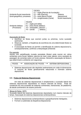 11






















FÁCIES
F1 – argila (Planície de Inundação)
Ambiente fluvial meandrante F2 – silte (Planície). Sistema
(local geográfico), processos F3 – areia (Barra Pontal) deposicional
F4 – conglomerado (Canal) fluvial meandrante
FÁCIES
F1 – argila (pró-delta)
Ambiente deltaico F2 – areia (frente deltáica)
(Processos) F3 – areia/pelito planície
F4 – carvão deltáica
Associação de fácies
• Identificar as fácies que ocorrem juntas ou próximas, numa sucessão
sedimentar.
• Observar, também, a freqüência da ocorrência de uma determinada fácies na
sucessão.
• A associação de fácies vai permitir a identificação do sistema deposicional e,
conseqüentemente, confirmar a interpretação ambiental.
Por exemplo
Arenito com estratificação cruzada acanalada (fácies) pode ocorrer em vários
ambientes como fluvial, deltáico, planície de maré, praia, glacial, como resultado da
passagem de correntes sobre um fundo arenoso. Somente a associação de fácies é
que determinará o ambiente com segurança.
FÁCIES ASSOCIAÇÃO DE FÁCIES SISTEMA DEPOSICIONAL
• Sistemas deposicionais são depósitos sedimentares em visão tri-dimensional.
O conjunto de fácies geneticamente relacionado é chamado sistema
deposicional.
2.4 – Tratos de Sistemas Deposicionais
Um trato de sistemas deposicionais é simplesmente a sucessão lateral dos
sistemas deposicionais depositados no mesmo intervalo de tempo. Pode ser
constituído de uma sucessão de sistemas continentais, transicionais, de plataforma,
de talude continental e de oceano profundo.
(Brown & Fisher, 1977)
Sucessão lateral dos sistemas deposicionais depositados num mesmo intervalo de
tempo. Associação de sistemas deposicionais contemporâneos.
• Sistemas deposicionais contemporâneos e geograficamente interligados.
• Formam a subdivisão da Seqüência Deposicional.
 