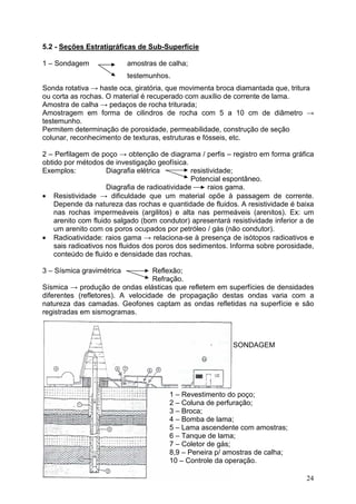 24
5.2 - Seções Estratigráficas de Sub-Superfície
1 – Sondagem amostras de calha;
testemunhos.
Sonda rotativa → haste oca, giratória, que movimenta broca diamantada que, tritura
ou corta as rochas. O material é recuperado com auxílio de corrente de lama.
Amostra de calha → pedaços de rocha triturada;
Amostragem em forma de cilindros de rocha com 5 a 10 cm de diâmetro →
testemunho.
Permitem determinação de porosidade, permeabilidade, construção de seção
colunar, reconhecimento de texturas, estruturas e fósseis, etc.
2 – Perfilagem de poço → obtenção de diagrama / perfis – registro em forma gráfica
obtido por métodos de investigação geofísica.
Exemplos: Diagrafia elétrica resistividade;
Potencial espontâneo.
Diagrafia de radioatividade raios gama.
• Resistividade → dificuldade que um material opõe à passagem de corrente.
Depende da natureza das rochas e quantidade de fluidos. A resistividade é baixa
nas rochas impermeáveis (argilitos) e alta nas permeáveis (arenitos). Ex: um
arenito com fluido salgado (bom condutor) apresentará resistividade inferior a de
um arenito com os poros ocupados por petróleo / gás (não condutor).
• Radioatividade: raios gama → relaciona-se à presença de isótopos radioativos e
sais radioativos nos fluidos dos poros dos sedimentos. Informa sobre porosidade,
conteúdo de fluido e densidade das rochas.
3 – Sísmica gravimétrica Reflexão;
Refração.
Sísmica → produção de ondas elásticas que refletem em superfícies de densidades
diferentes (refletores). A velocidade de propagação destas ondas varia com a
natureza das camadas. Geofones captam as ondas refletidas na superfície e são
registradas em sismogramas.
SONDAGEM
1 – Revestimento do poço;
2 – Coluna de perfuração;
3 – Broca;
4 – Bomba de lama;
5 – Lama ascendente com amostras;
6 – Tanque de lama;
7 – Coletor de gás;
8,9 – Peneira p/ amostras de calha;
10 – Controle da operação.
 
