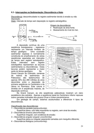 29
6.3 - Interrupções na Sedimentação: Discordância e Hiato
Discordância: descontinuidade no registro sedimentar devido à erosão ou não
deposição.
Hiato: intervalo de tempo sem deposição no registro estratigráfico.
Origem da discordância:
• Reativação da área fonte;
• Abaixamento do nível do mar.
A deposição contínua de uma
seqüência transgressiva - regressiva
representa um intervalo limitado de
tempo geológico. Uma sucessão
sedimentar espessa é normalmente
constituída do empilhamento de várias
seqüências separadas por intervalos
de tempo sem registro estratigráfico.
Estes intervalos sem registro
estratigráfico representam as lacunas
sedimentares ou discordâncias. Estas
lacunas podem representar a maior
parte do tempo geológico. No
Grand Canyon do Colorado, centenas
de metros de sedimentos do
Paleozóico são testemunhos de
apenas 30% dos 280 milhões de anos
decorridos entre a deposição da
primeira seqüência no Cambriano e da
última no Permiano. Esta coluna é
dividida em 8 seqüências maiores, de
deposição contínua.
No Grand Canyon, as oito seqüências paleozóicas mostram um claro
paralelismo dos estratos. Apenas a seqüência basal do Cambriano inferior repousa
sobre camadas inclinadas dos grupos Chuar e Unkar precambrianos.
Em geologia de campo, estamos acostumados a diferenciar 4 tipos de
discordâncias.
Classificação das discordâncias
1 – Discordância paralela (paraconformity)
Superfície plana, com falta importante no registro, sem sinal de erosão;
2 – Discordância erosiva (disconformity)
Superfície irregular, com evidência de erosão;
3 – Discordância angular (angular unconformity)
Superfície plana ou irregular separando camadas com mergulho diferente;
4 – Discordância litológica (nonconformity)
 