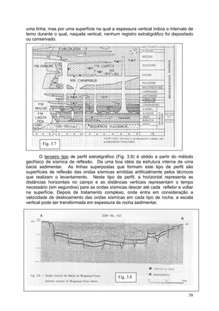 38
uma linha, mas por uma superfície na qual a espessura vertical indica o intervalo de
temo durante o qual, naquela vertical, nenhum registro estratigráfico foi depositado
ou conservado.
O terceiro tipo de perfil estratigráfico (Fig. 3.8) é obtido a partir do método
geofísico de sísmica de reflexão. Da uma boa idéia da estrutura interna de uma
bacia sedimentar. As linhas superpostas que formam este tipo de perfil são
superfícies de reflexão das ondas sísmicas emitidas artificialmente pelos técnicos
que realizam o levantamento. Neste tipo de perfil, a horizontal representa as
distâncias horizontais no campo e as distâncias verticais representam o tempo
necessário (em segundos) para as ondas sísmicas descer até cada refletor e voltar
na superfície. Depois de tratamento complexo, onde entra em consideração a
velocidade de deslocamento das ondas sísmicas em cada tipo de rocha, a escala
vertical pode ser transformada em espessura de rocha sedimentar.
Fig. 3.8
Fig. 3.7
 