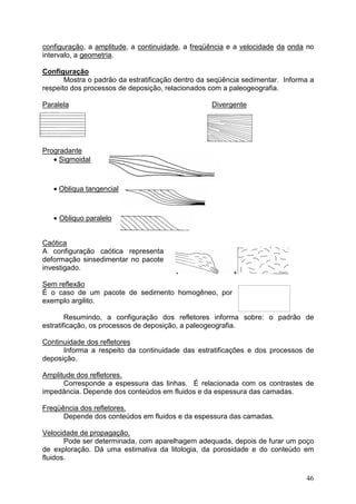 46
configuração, a amplitude, a continuidade, a freqüência e a velocidade da onda no
intervalo, a geometria.
Configuração
Mostra o padrão da estratificação dentro da seqüência sedimentar. Informa a
respeito dos processos de deposição, relacionados com a paleogeografia.
Paralela Divergente
Progradante
• Sigmoidal
• Obliqua tangencial
• Obliquo paralelo
Caótica
A configuração caótica representa
deformação sinsedimentar no pacote
investigado.
Sem reflexão
É o caso de um pacote de sedimento homogêneo, por
exemplo argilito.
Resumindo, a configuração dos refletores informa sobre: o padrão de
estratificação, os processos de deposição, a paleogeografia.
Continuidade dos refletores
Informa a respeito da continuidade das estratificações e dos processos de
deposição.
Amplitude dos refletores.
Corresponde a espessura das linhas. É relacionada com os contrastes de
impedância. Depende dos conteúdos em fluidos e da espessura das camadas.
Freqüência dos refletores.
Depende dos conteúdos em fluidos e da espessura das camadas.
Velocidade de propagação.
Pode ser determinada, com aparelhagem adequada, depois de furar um poço
de exploração. Dá uma estimativa da litologia, da porosidade e do conteúdo em
fluidos.
 