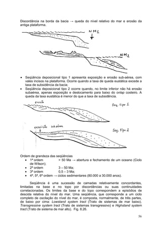 56
Discordância na borda da bacia → queda do nível relativo do mar e erosão da
antiga plataforma.
• Seqüência deposicional tipo 1 apresenta exposição e erosão sub-aérea, com
vales incisos na plataforma. Ocorre quando a taxa de queda eustática excede a
taxa de subsidência da bacia;
• Seqüência deposicional tipo 2 ocorre quando, no limite inferior não há erosão
subaérea, apenas exposição e deslocamento para baixo do onlap costeiro. A
queda da taxa eustática é menor do que a taxa de subsidência.
Ordem de grandeza das seqüências
• 1ª ordem > 50 Ma → abertura e fechamento de um oceano (Ciclo
de Wilson);
• 2ª ordem 3 – 50 Ma;
• 3ª ordem 0,5 – 3 Ma;
• 4ª, 5ª, 6ª ordem → ciclos sedimentares (80.000 a 30.000 anos).
Seqüência é uma sucessão de camadas relativamente concordantes,
limitadas na base e no topo por discordâncias ou suas continuidades
correlacionadas. Os limites da base e do topo correspondem a episódios de
descida relativa do nível do mar. Uma seqüência, que corresponde a um ciclo
completo de oscilação do nível do mar, é composta, normalmente, de três partes,
de baixo por cima: Lowstand system tract (Trato de sistemas de mar baixo),
Transgressive system tract (Trato de sistemas transgressivo) e Highstand system
tract (Trato de sistema de mar alto). Fig. 8.26.
 