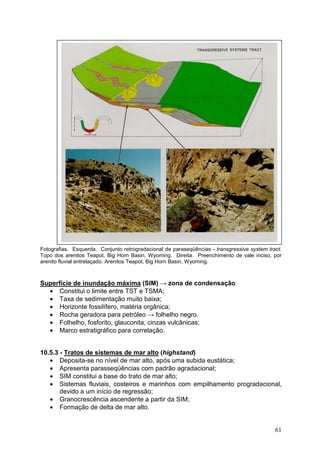 61
Fotografias. Esquerda. Conjunto retrogradacional de paraseqüências - transgressive system tract.
Topo dos arenitos Teapot, Big Horn Basin, Wyoming. Direita. Preenchimento de vale inciso, por
arenito fluvial entrelaçado. Arenitos Teapot, Big Horn Basin, Wyoming.
Superfície de inundação máxima (SIM) → zona de condensação
• Constitui o limite entre TST e TSMA;
• Taxa de sedimentação muito baixa;
• Horizonte fossilífero, matéria orgânica;
• Rocha geradora para petróleo → folhelho negro.
• Folhelho, fosforito, glauconita, cinzas vulcânicas;
• Marco estratigráfico para correlação.
10.5.3 - Tratos de sistemas de mar alto (highstand)
• Deposita-se no nível de mar alto, após uma subida eustática;
• Apresenta parasseqüências com padrão agradacional;
• SIM constitui a base do trato de mar alto;
• Sistemas fluviais, costeiros e marinhos com empilhamento progradacional,
devido a um início de regressão;
• Granocrescência ascendente a partir da SIM;
• Formação de delta de mar alto.
 