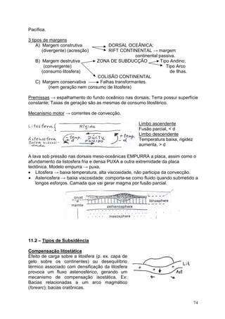 74
Pacífica.
3 tipos de margens
A) Margem construtiva DORSAL OCEÂNICA;
(divergente) (acresção) RIFT CONTINENTAL → margem
continental passiva.
B) Margem destrutiva ZONA DE SUBDUCÇÃO Tipo Andino;
(convergente) Tipo Arco
(consumo litosfera) de Ilhas.
COLISÃO CONTINENTAL
C) Margem conservativa Falhas transformantes.
(nem geração nem consumo de litosfera)
Premissas → espalhamento do fundo oceânico nas dorsais; Terra possui superfície
constante; Taxas de geração são as mesmas de consumo litosférico.
Mecanismo motor → correntes de convecção.
Limbo ascendente
Fusão parcial, < d
Limbo descendente
Temperatura baixa, rigidez
aumenta, > d
A lava sob pressão nas dorsais meso-oceânicas EMPURRA a placa, assim como o
afundamento da listosfera fria e densa PUXA a outra extremidade da placa
tectônica. Modelo empurra → puxa.
• Litosfera → baixa temperatura, alta viscosidade, não participa da convecção.
• Astenosfera → baixa viscosidade: comporta-se como fluido quando submetido a
longos esforços. Camada que vai gerar magma por fusão parcial.
11.2 – Tipos de Subsidência
Compensação litostática
Efeito de carga sobre a litosfera (p. ex. capa de
gelo sobre os continentes) ou desequilíbrio
térmico associado com densificação da litosfera
provoca um fluxo astenosférico, gerando um
mecanismo de compensação isostática. Ex:
Bacias relacionadas a um arco magmático
(forearc); bacias cratônicas.
 