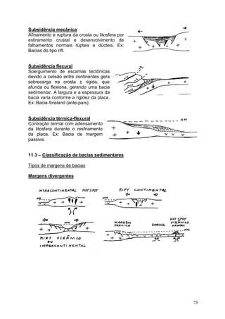 75
Subsidência mecânica
Afinamento e ruptura da crosta ou litosfera por
estiramento crustal e desenvolvimento de
falhamentos normais rúpteis e dúcteis. Ex:
Bacias do tipo rift.
Subsidência flexural
Soerguimento de escamas tectônicas
devido a colisão entre continentes gera
sobrecarga na crosta ± rígida, que
afunda ou flexiona, gerando uma bacia
sedimentar. A largura e a espessura da
bacia varia conforme a rigidez da placa.
Ex: Bacia foreland (ante-país).
Subsidência térmica-flexural
Contração termal com adensamento
da litosfera durante o resfriamento
da placa. Ex: Bacia de margem
passiva.
11.3 – Classificação de bacias sedimentares
Tipos de margens de bacias
Margens divergentes
 