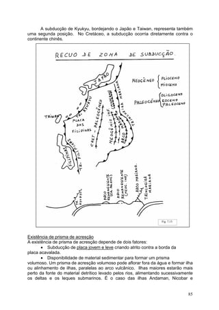 85
A subducção de Kyukyu, bordejando o Japão e Taiwan, representa também
uma segunda posição. No Cretáceo, a subducção ocorria diretamente contra o
continente chinês.
Existência de prisma de acresção
A existência de prisma de acresção depende de dois fatores:
• Subducção de placa jovem e leve criando atrito contra a borda da
placa acavalada.
• Disponibilidade de material sedimentar para formar um prisma
volumoso. Um prisma de acresção volumoso pode aflorar fora da água e formar ilha
ou alinhamento de ilhas, paralelas ao arco vulcânico. Ilhas maiores estarão mais
perto da fonte do material detrítico levado pelos rios, alimentando sucessivamente
os deltas e os leques submarinos. É o caso das ilhas Andaman, Nicobar e
Fig. 7.13
 