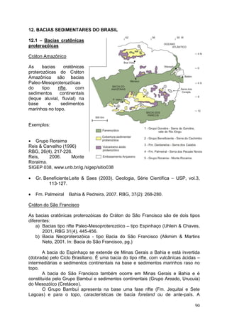 90
12. BACIAS SEDIMENTARES DO BRASIL
12.1 – Bacias cratônicas
proterozóicas
Cráton Amazônico
As bacias cratônicas
proterozóicas do Cráton
Amazônico são bacias
Paleo-Mesoproterozóicas
do tipo rifte, com
sedimentos continentais
(leque aluvial, fluvial) na
base e sedimentos
marinhos no topo.
Exemplos:
• Grupo Roraima
Reis & Carvalho (1996)
RBG, 26(4), 217-226.
Reis, 2006. Monte
Roraima.
SIGEP 038, www.unb.br/ig./sigep/sitio038
• Gr. BeneficienteLeite & Saes (2003). Geologia, Série Científica – USP, vol.3,
113-127.
• Fm. Palmeiral Bahia & Pedreira, 2007. RBG, 37(2): 268-280.
Cráton do São Francisco
As bacias cratônicas proterozóicas do Cráton do São Francisco são de dois tipos
diferentes:
a) Bacias tipo rifte Paleo-Mesoproterozóico – tipo Espinhaço (Uhlein & Chaves,
2001, RBG 31(4), 445-456.
b) Bacia Neoproterozóica - tipo Bacia do São Francisco (Alkmim & Martins
Neto, 2001. In: Bacia do São Francisco, pg.)
A bacia do Espinhaço se extende de Minas Gerais a Bahia e está invertida
(dobrada) pelo Ciclo Brasiliano. É uma bacia do tipo rifte, com vulcânicas ácidas –
intermediárias e sedimentos continentais na base e sedimentos marinhos raso no
topo.
A bacia do São Francisco também ocorre em Minas Gerais e Bahia e é
constituída pelo Grupo Bambuí e sedimentos continentais (Grupo Areado, Urucuia)
do Mesozóico (Cretáceo).
O Grupo Bambuí apresenta na base uma fase rifte (Fm. Jequitaí e Sete
Lagoas) e para o topo, características de bacia foreland ou de ante-país. A
 