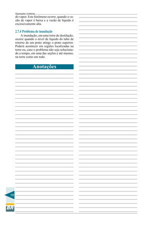 Operações Unitárias
     do vapor. Este fenômeno ocorre, quando a va-
     zão de vapor é baixa e a vazão de líquido é
     excessivamente alta.

     2.7.4 Problema de inundação
         A inundação, em uma torre de destilação,
     ocorre quando o nível de líquido do tubo de
     retorno de um prato atinge o prato superior.
     Poderá acontecer em regiões localizadas na
     torre ou, caso o problema não seja soluciona-
     do a tempo, em uma das seções e até mesmo,
     na torre como um todo.


                     Anotações




18
 