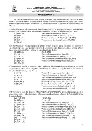 UNIVERSIDADE FEDERAL DA BAHIA
INSTITUTO DE CIÊNCIAS AMBIENTAIS E DESENVOLVIMENTO SUSTENTÁVEL
APOSTILA DE GEOMETRIA DESCRITIVA
Dennis Coelho Cruz/Luís Gustavo Henriques do Amaral
9
ATIVIDADE PRÁTICA 01
Na representação dos elementos (pontos, projeções, etc.) apresentados nos exercícios a seguir,
utilizar o sistema cartesiano, definindo o canto inferior esquerdo da folha de papel milimetrado como a
origem dos eixos cartesianos e posicionando os elementos conforme as coordenadas informadas em cada
exercício.
01) Sabendo-se que o triângulo (A)(B)(C) é paralelo ao plano () de projeção, completar a projeção deste
triângulo sobre o referido plano. Posteriormente, identificar o sistema de projeção utilizado. Dados:
(O): ( 155 , 70 ) Vértice inferior esquerdo do plano (): ( 5 , 5 )
(A): ( 110 , 113 ) Vértice inferior direito do plano (): ( 95 , 55 )
(B): ( 125 , 85 ) Vértice superior esquerdo do plano (): ( 5 , 155 )
(C): ( 100 , 80 ) Vértice superior direito do plano (): ( 95 , 205 )
A: ( 50 , 170 )
02) Sabendo-se que o hexágono (D)(E)(F)(G)(H)(I) é paralelo ao plano () de projeção e que o centro de
projeções é impróprio (está localizado no infinito), completar a projeção deste hexágono sobre o referido
plano. Em seguida, identificar o sistema de projeção utilizado. Dados:
(D): ( 120 , 95 ) D: ( 40 , 150 )
(E): ( 150 , 85 ) Vértice inferior esquerdo do plano (): ( 5 , 5 )
(F): ( 150 , 55 ) Vértice inferior direito do plano (): ( 95 , 55 )
(G): ( 130 , 35 ) Vértice superior esquerdo do plano (): ( 5 , 155 )
(H): ( 100 , 45 ) Vértice superior direito do plano (): ( 95 , 205 )
(I): ( 100 , 75 )
03) Determinar a posição do triângulo (J)(K)(L) no espaço, conhecendo-se as suas projeções nos planos
horizontal () e vertical (') de projeção e sabendo-se que o sistema de projeção utilizado é o Sistema de
Projeções Cilíndricas Ortogonais. Dados:
J: ( 85 , 25 ) Vértice inferior esquerdo do plano (): ( 5 , 5 )
K: ( 110 , 65 ) Vértice inferior direito do plano (): ( 105 , 5 )
L: ( 120 , 55 ) Vértice superior esquerdo do plano (): ( 75 , 75 )
J': ( 25 , 120 ) Vértice superior direito do plano (): ( 175 , 75 )
K': ( 65 , 145 ) Vértice inferior esquerdo do plano ('): ( 5 , 5 )
L': ( 55 , 90 ) Vértice inferior direito do plano ('): ( 75 , 75 )
Vértice superior esquerdo do plano ('): ( 5 , 105 )
Vértice superior direito do plano ('): ( 75 , 175 )
04) Determinar as projeções do sólido (M)(N)(P)(Q)(R)(S)(T)(U)(V)(W)(X)(Y), conhecendo-se as projeções de
um dos seus vértices e sabendo-se que o sistema de projeção utilizado é o Sistema de Projeções Cilíndricas
Ortogonais. Dados:
(M): ( 120 , 95 ) P: ( 150 , 70 )
(N): ( 150 , 125 ) P': ( 70 , 160 )
(P): ( 150 , 160 ) Vértice inferior esquerdo do plano (): ( 5 , 5 )
(Q): ( 135 , 145 ) Vértice inferior direito do plano (): ( 105 , 5 )
(R): ( 135 , 135 ) Vértice superior esquerdo do plano (): ( 75 , 75 )
(S): ( 120 , 120 ) Vértice superior direito do plano (): ( 175 , 75 )
(T): ( 105 , 95 ) Vértice inferior esquerdo do plano ('): ( 5 , 5 )
(U): ( 135 , 125 ) Vértice inferior direito do plano ('): ( 75 , 75 )
(V): ( 135 , 160 ) Vértice superior esquerdo do plano ('): ( 5 , 105 )
(W): ( 120 , 145 ) Vértice superior direito do plano ('): ( 75 , 175 )
(X): ( 120 , 135 )
(Y): ( 105 , 120 )
 