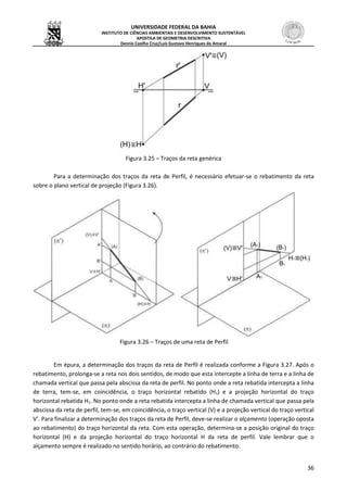 UNIVERSIDADE FEDERAL DA BAHIA
INSTITUTO DE CIÊNCIAS AMBIENTAIS E DESENVOLVIMENTO SUSTENTÁVEL
APOSTILA DE GEOMETRIA DESCRITIVA
Dennis Coelho Cruz/Luís Gustavo Henriques do Amaral
36
Figura 3.25 – Traços da reta genérica
Para a determinação dos traços da reta de Perfil, é necessário efetuar-se o rebatimento da reta
sobre o plano vertical de projeção (Figura 3.26).
Figura 3.26 – Traços de uma reta de Perfil
Em épura, a determinação dos traços da reta de Perfil é realizada conforme a Figura 3.27. Após o
rebatimento, prolonga-se a reta nos dois sentidos, de modo que esta intercepte a linha de terra e a linha de
chamada vertical que passa pela abscissa da reta de perfil. No ponto onde a reta rebatida intercepta a linha
de terra, tem-se, em coincidência, o traço horizontal rebatido (H1) e a projeção horizontal do traço
horizontal rebatida H1. No ponto onde a reta rebatida intercepta a linha de chamada vertical que passa pela
abscissa da reta de perfil, tem-se, em coincidência, o traço vertical (V) e a projeção vertical do traço vertical
V’. Para finalizar a determinação dos traços da reta de Perfil, deve-se realizar o alçamento (operação oposta
ao rebatimento) do traço horizontal da reta. Com esta operação, determina-se a posição original do traço
horizontal (H) e da projeção horizontal do traço horizontal H da reta de perfil. Vale lembrar que o
alçamento sempre é realizado no sentido horário, ao contrário do rebatimento.
 