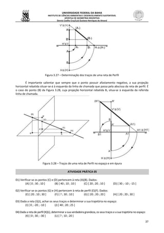 UNIVERSIDADE FEDERAL DA BAHIA
INSTITUTO DE CIÊNCIAS AMBIENTAIS E DESENVOLVIMENTO SUSTENTÁVEL
APOSTILA DE GEOMETRIA DESCRITIVA
Dennis Coelho Cruz/Luís Gustavo Henriques do Amaral
37
Figura 3.27 – Determinação dos traços de uma reta de Perfil
É importante salientar que sempre que o ponto possuir afastamento negativo, a sua projeção
horizontal rebatida situar-se-á à esquerda da linha de chamada que passa pela abscissa da reta de perfil. É
o caso do ponto (B) da Figura 3.28, cuja projeção horizontal rebatida B1 situa-se à esquerda da referida
linha de chamada.
Figura 3.28 – Traços de uma reta de Perfil no espaço e em épura
ATIVIDADE PRÁTICA 05
01) Verificar se os pontos (C) e (D) pertencem à reta (A)(B). Dados:
(A) [ 0 ; 30 ; 10 ] (B) [ 40 ; 10 ; 10 ] (C) [ 20 ; 20 ; 10 ] (D) [ 30 ; -10 ; -15 ]
02) Verificar se os pontos (G) e (H) pertencem à reta de perfil (E)(F). Dados:
(E) [ 20 ; 10 ; 30 ] (F) [ ? ; 30 ; 10 ] (G) [ 20 ; 20 ; 20 ] (H) [ 20 ; 20 ; 30 ]
03) Dada a reta (I)(J), achar os seus traços e determinar a sua trajetória no espaço:
(I) [ 0 ; -20 ; -10 ] (J) [ 40 ; 20 ; 25 ]
04) Dada a reta de perfil (K)(L), determinar a sua verdadeira grandeza, os seus traços e a sua trajetória no espaço:
(K) [ 0 ; 30 ; -30 ] (L) [ ? ; 10 ; 20 ]
 