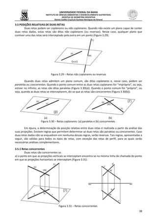 UNIVERSIDADE FEDERAL DA BAHIA
INSTITUTO DE CIÊNCIAS AMBIENTAIS E DESENVOLVIMENTO SUSTENTÁVEL
APOSTILA DE GEOMETRIA DESCRITIVA
Dennis Coelho Cruz/Luís Gustavo Henriques do Amaral
38
3.5 POSIÇÕES RELATIVAS DE DUAS RETAS
Duas retas podem ser coplanares ou não coplanares. Quando não existe um plano capaz de conter
duas retas dadas, estas retas são ditas não coplanares (ou reversas). Nesse caso, qualquer plano que
contiver uma das retas será interceptado pela outra em um ponto (Figura 3.29).
Figura 3.29 – Retas não coplanares ou reversas
Quando duas retas admitem um plano comum, são ditas coplanares e, nesse caso, podem ser
paralelas ou concorrentes. Quando o ponto comum entre as duas retas coplanares for “impróprio”, ou seja,
estiver no infinito, as retas são ditas paralelas (Figura 3.30(a)). Quando o ponto comum for “próprio”, ou
seja, quando as duas retas se interceptarem, diz-se que as retas são concorrentes (Figura 3.30(b)).
(a) (b)
Figura 3.30 – Retas coplanares: (a) paralelas e (b) concorrentes
Em épura, a determinação da posição relativa entre duas retas é realizada a partir da análise das
suas projeções. Existem regras que permitem determinar se duas retas são paralelas ou concorrentes. Caso
duas retas dadas não se enquadrem em nenhuma dessas regras, serão reversas. Tais regras, apresentadas a
seguir, são válidas para todos os tipos de retas, com exceção das retas de perfil, para as quais serão
necessárias análises complementares.
3.5.1 Retas concorrentes
Duas retas são concorrentes se:
a) o ponto em que as projeções verticais se interceptam encontra-se na mesma linha de chamada do ponto
em que as projeções horizontais se interceptam (Figura 3.31).
Figura 3.31 – Retas concorrentes
 