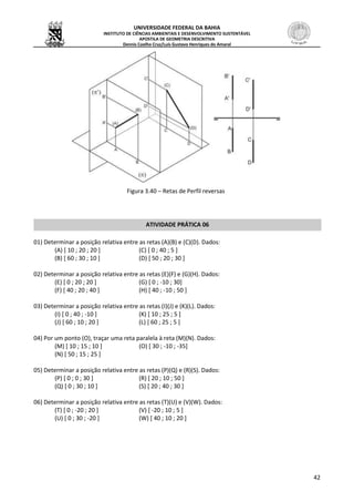 UNIVERSIDADE FEDERAL DA BAHIA
INSTITUTO DE CIÊNCIAS AMBIENTAIS E DESENVOLVIMENTO SUSTENTÁVEL
APOSTILA DE GEOMETRIA DESCRITIVA
Dennis Coelho Cruz/Luís Gustavo Henriques do Amaral
42
Figura 3.40 – Retas de Perfil reversas
ATIVIDADE PRÁTICA 06
01) Determinar a posição relativa entre as retas (A)(B) e (C)(D). Dados:
(A) [ 10 ; 20 ; 20 ] (C) [ 0 ; 40 ; 5 ]
(B) [ 60 ; 30 ; 10 ] (D) [ 50 ; 20 ; 30 ]
02) Determinar a posição relativa entre as retas (E)(F) e (G)(H). Dados:
(E) [ 0 ; 20 ; 20 ] (G) [ 0 ; -10 ; 30]
(F) [ 40 ; 20 ; 40 ] (H) [ 40 ; -10 ; 50 ]
03) Determinar a posição relativa entre as retas (I)(J) e (K)(L). Dados:
(I) [ 0 ; 40 ; -10 ] (K) [ 10 ; 25 ; 5 ]
(J) [ 60 ; 10 ; 20 ] (L) [ 60 ; 25 ; 5 ]
04) Por um ponto (O), traçar uma reta paralela à reta (M)(N). Dados:
(M) [ 10 ; 15 ; 10 ] (O) [ 30 ; -10 ; -35]
(N) [ 50 ; 15 ; 25 ]
05) Determinar a posição relativa entre as retas (P)(Q) e (R)(S). Dados:
(P) [ 0 ; 0 ; 30 ] (R) [ 20 ; 10 ; 50 ]
(Q) [ 0 ; 30 ; 10 ] (S) [ 20 ; 40 ; 30 ]
06) Determinar a posição relativa entre as retas (T)(U) e (V)(W). Dados:
(T) [ 0 ; -20 ; 20 ] (V) [ -20 ; 10 ; 5 ]
(U) [ 0 ; 30 ; -20 ] (W) [ 40 ; 10 ; 20 ]
 