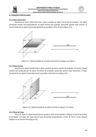 UNIVERSIDADE FEDERAL DA BAHIA
INSTITUTO DE CIÊNCIAS AMBIENTAIS E DESENVOLVIMENTO SUSTENTÁVEL
APOSTILA DE GEOMETRIA DESCRITIVA
Dennis Coelho Cruz/Luís Gustavo Henriques do Amaral
44
4.2 POSIÇÕES PARTICULARES
4.2.1 Plano Horizontal
Denomina-se plano Horizontal todo o plano paralelo ao plano horizontal de projeção. Um plano
Horizontal sempre será perpendicular ao plano vertical de projeção, possuindo apenas traço vertical. O
traço vertical de um plano Horizontal apresenta-se paralelo à linha de terra (Figura 4.3).
Figura 4.3 – Representação de um plano horizontal no espaço e em épura
4.2.2 Plano Frontal
Denomina-se plano Frontal todo o plano paralelo ao plano vertical de projeção. Um plano Frontal
sempre será perpendicular ao plano horizontal de projeção, possuindo apenas traço horizontal. O traço
horizontal de um plano Frontal apresenta-se paralelo à linha de terra (Figura 4.4).
Figura 4.4 – Representação de um plano Frontal no espaço e em épura
4.2.3 Plano de Topo
Plano de Topo é o plano perpendicular ao plano vertical de projeção e oblíquo ao plano horizontal
de projeção. Um plano de Topo possui traço horizontal perpendicular à linha de terra e traço vertical
oblíquo a essa mesma linha (Figura 4.5).

(’)
()

()
(’)
()
()'
'
 