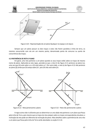 UNIVERSIDADE FEDERAL DA BAHIA
INSTITUTO DE CIÊNCIAS AMBIENTAIS E DESENVOLVIMENTO SUSTENTÁVEL
APOSTILA DE GEOMETRIA DESCRITIVA
Dennis Coelho Cruz/Luís Gustavo Henriques do Amaral
47
Figura 4.10 – Representação de um plano Qualquer no espaço e em épura
Sempre que um plano possuir os dois traços e estes não forem paralelos à linha de terra, os
mesmos concorrerão com ela em um mesmo ponto, denominado ponto de concurso ou ponto de
concorrência dos traços.
4.3 PERTINÊNCIA DE RETA E PLANO
Em geral, uma reta pertence a um plano quando os seus traços estão sobre os traços de mesmo
nome do plano. Aplicando-se esta regra, percebe-se que a reta (r) da Figura 4.11 pertence ao plano (),
uma vez que (H) está sobre  e (V) está sobre ’. Por outro lado, a reta (s) da Figura 4.12 não pertence
ao plano () ainda que (V) esteja sobre ’, pois (H) não está sobre.

Figura 4.11 – Reta pertencente a plano Figura 4.12 – Reta não pertencente a plano
A regra acima não é suficiente para se determinar se uma dada reta pertence a um plano que Passa
pela Linha de Terra, pois mesmo que os traços da reta estejam sobre os traços correspondentes do plano, a
inclinação da reta pode ser diferente da inclinação do plano. Mais detalhes sobre a pertinência de uma reta
a um plano que Passa pela Linha de Terra serão abordados na seção 4.3.1.8.
(’)
()

()
'

'
 