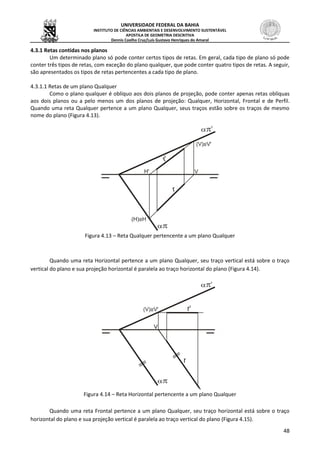 UNIVERSIDADE FEDERAL DA BAHIA
INSTITUTO DE CIÊNCIAS AMBIENTAIS E DESENVOLVIMENTO SUSTENTÁVEL
APOSTILA DE GEOMETRIA DESCRITIVA
Dennis Coelho Cruz/Luís Gustavo Henriques do Amaral
48
4.3.1 Retas contidas nos planos
Um determinado plano só pode conter certos tipos de retas. Em geral, cada tipo de plano só pode
conter três tipos de retas, com exceção do plano qualquer, que pode conter quatro tipos de retas. A seguir,
são apresentados os tipos de retas pertencentes a cada tipo de plano.
4.3.1.1 Retas de um plano Qualquer
Como o plano qualquer é oblíquo aos dois planos de projeção, pode conter apenas retas oblíquas
aos dois planos ou a pelo menos um dos planos de projeção: Qualquer, Horizontal, Frontal e de Perfil.
Quando uma reta Qualquer pertence a um plano Qualquer, seus traços estão sobre os traços de mesmo
nome do plano (Figura 4.13).
Figura 4.13 – Reta Qualquer pertencente a um plano Qualquer
Quando uma reta Horizontal pertence a um plano Qualquer, seu traço vertical está sobre o traço
vertical do plano e sua projeção horizontal é paralela ao traço horizontal do plano (Figura 4.14).
Figura 4.14 – Reta Horizontal pertencente a um plano Qualquer
Quando uma reta Frontal pertence a um plano Qualquer, seu traço horizontal está sobre o traço
horizontal do plano e sua projeção vertical é paralela ao traço vertical do plano (Figura 4.15).
 