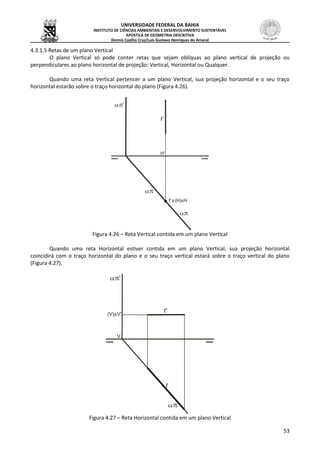 UNIVERSIDADE FEDERAL DA BAHIA
INSTITUTO DE CIÊNCIAS AMBIENTAIS E DESENVOLVIMENTO SUSTENTÁVEL
APOSTILA DE GEOMETRIA DESCRITIVA
Dennis Coelho Cruz/Luís Gustavo Henriques do Amaral
53
4.3.1.5 Retas de um plano Vertical
O plano Vertical só pode conter retas que sejam oblíquas ao plano vertical de projeção ou
perpendiculares ao plano horizontal de projeção: Vertical, Horizontal ou Qualquer.
Quando uma reta Vertical pertencer a um plano Vertical, sua projeção horizontal e o seu traço
horizontal estarão sobre o traço horizontal do plano (Figura 4.26).
Figura 4.26 – Reta Vertical contida em um plano Vertical
Quando uma reta Horizontal estiver contida em um plano Vertical, sua projeção horizontal
coincidirá com o traço horizontal do plano e o seu traço vertical estará sobre o traço vertical do plano
(Figura 4.27).
Figura 4.27 – Reta Horizontal contida em um plano Vertical
 