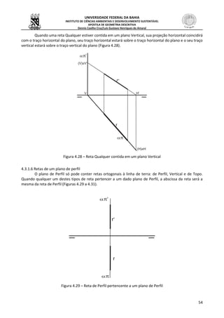UNIVERSIDADE FEDERAL DA BAHIA
INSTITUTO DE CIÊNCIAS AMBIENTAIS E DESENVOLVIMENTO SUSTENTÁVEL
APOSTILA DE GEOMETRIA DESCRITIVA
Dennis Coelho Cruz/Luís Gustavo Henriques do Amaral
54
Quando uma reta Qualquer estiver contida em um plano Vertical, sua projeção horizontal coincidirá
com o traço horizontal do plano, seu traço horizontal estará sobre o traço horizontal do plano e o seu traço
vertical estará sobre o traço vertical do plano (Figura 4.28).
Figura 4.28 – Reta Qualquer contida em um plano Vertical
4.3.1.6 Retas de um plano de perfil
O plano de Perfil só pode conter retas ortogonais à linha de terra: de Perfil, Vertical e de Topo.
Quando qualquer um destes tipos de reta pertencer a um dado plano de Perfil, a abscissa da reta será a
mesma da reta de Perfil (Figuras 4.29 a 4.31).
Figura 4.29 – Reta de Perfil pertencente a um plano de Perfil
 