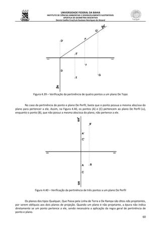 UNIVERSIDADE FEDERAL DA BAHIA
INSTITUTO DE CIÊNCIAS AMBIENTAIS E DESENVOLVIMENTO SUSTENTÁVEL
APOSTILA DE GEOMETRIA DESCRITIVA
Dennis Coelho Cruz/Luís Gustavo Henriques do Amaral
60
Figura 4.39 – Verificação da pertinência de quatro pontos a um plano De Topo
No caso da pertinência de ponto e plano De Perfil, basta que o ponto possua a mesma abscissa do
plano para pertencer a ele. Assim, na Figura 4.40, os pontos (A) e (C) pertencem ao plano De Perfil (),
enquanto o ponto (B), que não possui a mesma abscissa do plano, não pertence a ele.
Figura 4.40 – Verificação da pertinência de três pontos a um plano De Perfil
Os planos dos tipos Qualquer, Que Passa pela Linha de Terra e De Rampa são ditos não projetantes,
por serem oblíquos aos dois planos de projeção. Quando um plano é não projetante, a épura não indica
diretamente se um ponto pertence a ele, sendo necessária a aplicação da regra geral de pertinência de
ponto e plano.
 