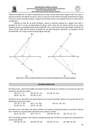 UNIVERSIDADE FEDERAL DA BAHIA
INSTITUTO DE CIÊNCIAS AMBIENTAIS E DESENVOLVIMENTO SUSTENTÁVEL
APOSTILA DE GEOMETRIA DESCRITIVA
Dennis Coelho Cruz/Luís Gustavo Henriques do Amaral
64
máxima inclinação de um plano é perpendicular ao traço vertical desse plano (Figura 4.44). Por vezes, é
possível visualizar este ângulo em épura, como no caso da reta de máxima inclinação do plano () na Figura
4.45, para a qual é possível visualizar o ângulo reto formado entre a sua projeção vertical e o traço vertical
do plano ().
Quando se trata de um plano Qualquer, sempre é possível visualizar-se o ângulo reto entre a
projeção da reta e o traço correspondente do plano. Assim, toda reta de máximo declive de um plano
Qualquer possui sua projeção horizontal formando 90° com o traço horizontal do plano (Figura 4.46.(a)). Da
mesma forma, toda reta de máxima inclinação de um plano Qualquer apresenta sua projeção vertical
formando 90° com o traço vertical do plano (figura 4.46.(b)).
(a) (b)
Figura 4.46 – Reta de máximo declive (a) e de máxima inclinação (b) de um plano Qualquer
ATIVIDADE PRÁTICA 08
01) Sabe-se que a reta frontal (A)(B) é de máximo declive do plano (). Verificar se os pontos (C), (D) e (E)
pertencem ao plano (). Dados:
(A) [ 10 ; ? ; 5 ] (B) [ 30 ; 25 ; 15 ] (C) [ 40 ; 10 ; 20 ]
(D) [ 0 ; 10 ; 25 ] (E) [ 50 ; 0 ; 25 ]
02) Sabe-se que a reta (F)(G) é de máximo declive de um plano frontal (). Verificar se os pontos (H), (I) e (J)
pertencem ao plano (). Dados:
(F) [ -10 ; ? ; 10 ] (G) [ ? ; 25 ; 30 ] (H) [ 15 ; -20 ; -25 ]
(I) [ 30 ; 25 ; 0 ] (J) [ 45 ; 25 ; 30 ]
03) Sabe-se que a reta (K)(L) é de máximo declive e de máxima inclinação do plano (), paralelo à linha de
terra. Verificar se os pontos (M) e (N) pertencem ao plano (). Dados:
(K) [ 0 ; 10 ; 20 ] (L) [ ? ; 25 ; 5 ] (M) [ 40 ; 30 ; 30 ] (N) [ -25 ; 15 ; 15 ]
04) A reta (P)(Q), qualquer, é de máxima inclinação do plano (). Verificar se os pontos (R) e (S) pertencem
ao plano (). Dados:
(P) [ 30 ; 10 ; 25 ] (Q) [ 60 ; 40 ; 10 ] (R) [ 50 ; 30 ; 15 ] (S) [ 100 ; 56 ; 50 ]
 