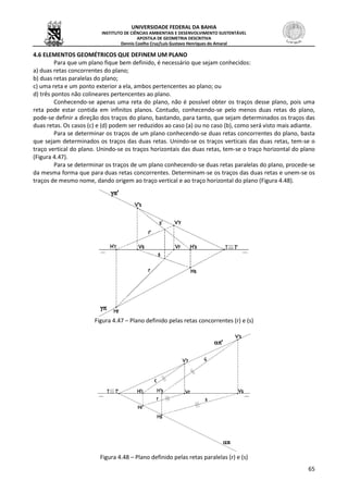 UNIVERSIDADE FEDERAL DA BAHIA
INSTITUTO DE CIÊNCIAS AMBIENTAIS E DESENVOLVIMENTO SUSTENTÁVEL
APOSTILA DE GEOMETRIA DESCRITIVA
Dennis Coelho Cruz/Luís Gustavo Henriques do Amaral
65
4.6 ELEMENTOS GEOMÉTRICOS QUE DEFINEM UM PLANO
Para que um plano fique bem definido, é necessário que sejam conhecidos:
a) duas retas concorrentes do plano;
b) duas retas paralelas do plano;
c) uma reta e um ponto exterior a ela, ambos pertencentes ao plano; ou
d) três pontos não colineares pertencentes ao plano.
Conhecendo-se apenas uma reta do plano, não é possível obter os traços desse plano, pois uma
reta pode estar contida em infinitos planos. Contudo, conhecendo-se pelo menos duas retas do plano,
pode-se definir a direção dos traços do plano, bastando, para tanto, que sejam determinados os traços das
duas retas. Os casos (c) e (d) podem ser reduzidos ao caso (a) ou no caso (b), como será visto mais adiante.
Para se determinar os traços de um plano conhecendo-se duas retas concorrentes do plano, basta
que sejam determinados os traços das duas retas. Unindo-se os traços verticais das duas retas, tem-se o
traço vertical do plano. Unindo-se os traços horizontais das duas retas, tem-se o traço horizontal do plano
(Figura 4.47).
Para se determinar os traços de um plano conhecendo-se duas retas paralelas do plano, procede-se
da mesma forma que para duas retas concorrentes. Determinam-se os traços das duas retas e unem-se os
traços de mesmo nome, dando origem ao traço vertical e ao traço horizontal do plano (Figura 4.48).
Figura 4.47 – Plano definido pelas retas concorrentes (r) e (s)
Figura 4.48 – Plano definido pelas retas paralelas (r) e (s)
 