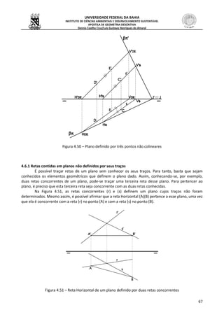 UNIVERSIDADE FEDERAL DA BAHIA
INSTITUTO DE CIÊNCIAS AMBIENTAIS E DESENVOLVIMENTO SUSTENTÁVEL
APOSTILA DE GEOMETRIA DESCRITIVA
Dennis Coelho Cruz/Luís Gustavo Henriques do Amaral
67
Figura 4.50 – Plano definido por três pontos não colineares
4.6.1 Retas contidas em planos não definidos por seus traços
É possível traçar retas de um plano sem conhecer os seus traços. Para tanto, basta que sejam
conhecidos os elementos geométricos que definem o plano dado. Assim, conhecendo-se, por exemplo,
duas retas concorrentes de um plano, pode-se traçar uma terceira reta desse plano. Para pertencer ao
plano, é preciso que esta terceira reta seja concorrente com as duas retas conhecidas.
Na Figura 4.51, as retas concorrentes (r) e (s) definem um plano cujos traços não foram
determinados. Mesmo assim, é possível afirmar que a reta Horizontal (A)(B) pertence a esse plano, uma vez
que ela é concorrente com a reta (r) no ponto (A) e com a reta (s) no ponto (B).
Figura 4.51 – Reta Horizontal de um plano definido por duas retas concorrentes
 