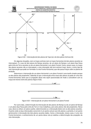 UNIVERSIDADE FEDERAL DA BAHIA
INSTITUTO DE CIÊNCIAS AMBIENTAIS E DESENVOLVIMENTO SUSTENTÁVEL
APOSTILA DE GEOMETRIA DESCRITIVA
Dennis Coelho Cruz/Luís Gustavo Henriques do Amaral
74
(a) (b)
Figura 4.62 – Intersecção de dois planos de Topo (a) e de dois planos Verticais (b)
Em algumas situações, nem os traços verticais nem os traços horizontais de dois planos secantes se
interceptam. É o caso de dois planos de Rampa secantes, de um plano de Rampa e um plano Que Passa
pela Linha de Terra secantes ou de um plano Horizontal e um plano Frontal. Como, nesses casos, os traços
dos planos secantes não se interceptam, a reta interseção não terá nenhum traço. Assim, o único tipo de
reta intersecção que pode ser formado é a reta Fronto-horizontal, que não possui traços sobre os planos de
projeção.
Determinar a intersecção de um plano Horizontal e um plano Frontal é uma tarefa simples porque
os dois planos são projetantes. Sabendo-se que a intersecção entre esses dois planos só pode ser uma reta
Fronto-horizontal, basta que as projeções desta reta sejam posicionadas de modo a coincidirem com os
traços de mesmo nome dos planos (Figura 4.63).
Figura 4.63 – Intersecção de um plano Horizontal e um plano Frontal
Por outro lado, a determinação da intersecção de dois planos de Rampa ou de um plano de Rampa
e um plano Que Passa pela Linha de Terra é mais trabalhosa, pois estes planos não são projetantes. Nesse
caso, deve-se utilizar um plano auxiliar, determinando-se a intersecção deste com os dois planos secantes.
O ponto onde as duas intersecções concorrem é um ponto comum aos três planos e, portanto, é um ponto
pertencente à intersecção dos dois planos secantes dados. Como a intersecção, nesses casos, é uma reta
Fronto-horizontal, o conhecimento de um ponto dessa reta já viabiliza a determinação das projeções da
reta intersecção.
 