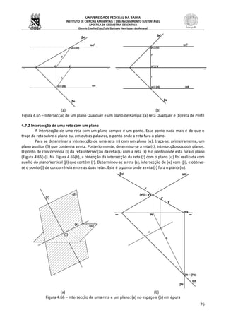 UNIVERSIDADE FEDERAL DA BAHIA
INSTITUTO DE CIÊNCIAS AMBIENTAIS E DESENVOLVIMENTO SUSTENTÁVEL
APOSTILA DE GEOMETRIA DESCRITIVA
Dennis Coelho Cruz/Luís Gustavo Henriques do Amaral
76
(a) (b)
Figura 4.65 – Intersecção de um plano Qualquer e um plano de Rampa: (a) reta Qualquer e (b) reta de Perfil
4.7.2 Intersecção de uma reta com um plano
A intersecção de uma reta com um plano sempre é um ponto. Esse ponto nada mais é do que o
traço da reta sobre o plano ou, em outras palavras, o ponto onde a reta fura o plano.
Para se determinar a intersecção de uma reta (r) com um plano (), traça-se, primeiramente, um
plano auxiliar () que contenha a reta. Posteriormente, determina-se a reta (s), intersecção dos dois planos.
O ponto de concorrência (I) da reta intersecção da reta (s) com a reta (r) é o ponto onde esta fura o plano
(Figura 4.66(a)). Na Figura 4.66(b), a obtenção da intersecção da reta (r) com o plano () foi realizada com
auxílio do plano Vertical () que contém (r). Determinou-se a reta (s), intersecção de () com (), e obteve-
se o ponto (I) de concorrência entre as duas retas. Este é o ponto onde a reta (r) fura o plano ().
(a) (b)
Figura 4.66 – Intersecção de uma reta e um plano: (a) no espaço e (b) em épura
 